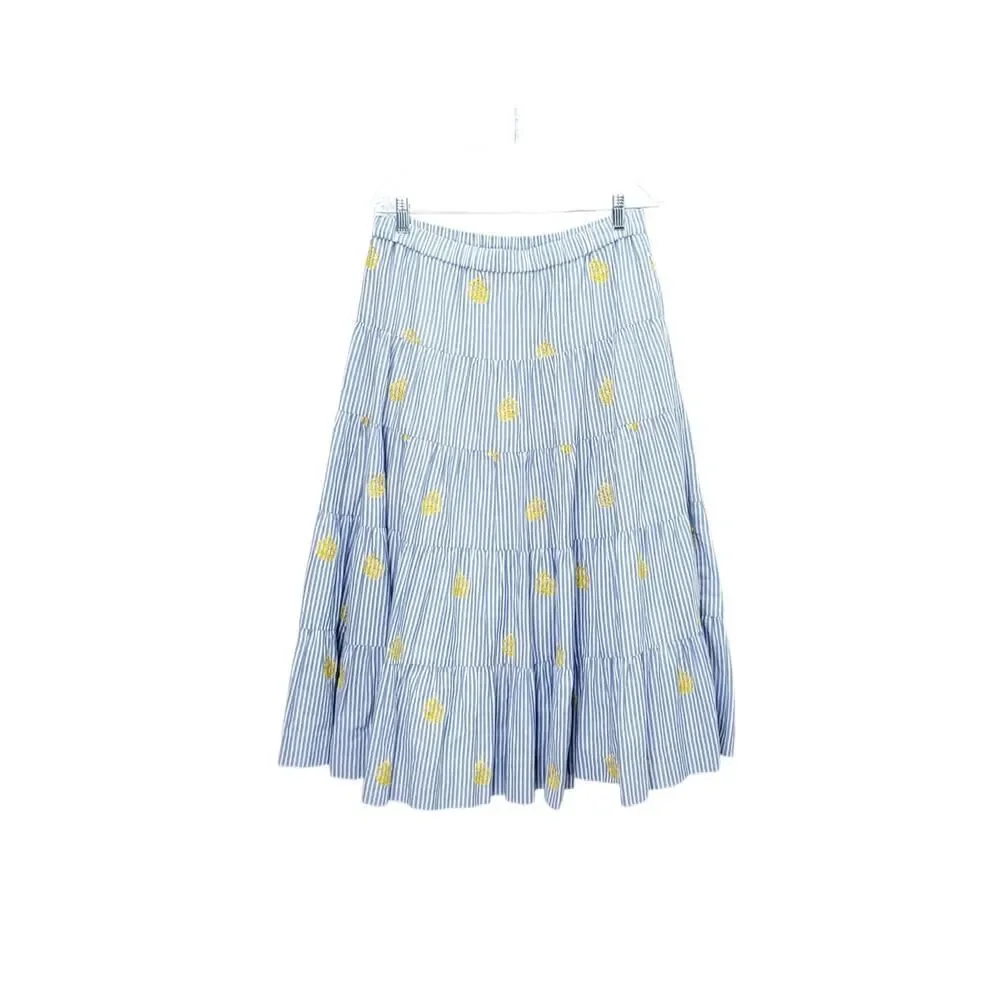J. CREW Pinapple Embroidered Tiered Seersucker Pinstripe Lagenlook Midi Skirt - Picture 2 of 15